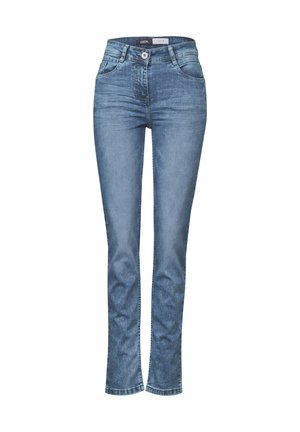 Lichtblauwe, rechte spijkerbroek gemaakt van denim. Kenmerken zijn een knoopsluiting, riemlussen en minimale vervaging met een schone zoom.