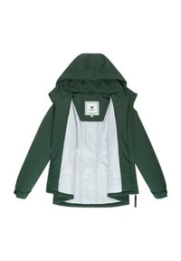 Giacca verde con cappuccio e zip frontale, con fodera bianca, polsini regolabili e etichetta all'interno. Tessuto liscio.