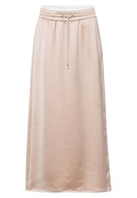 Helle rosa Midi-Rock aus weichem Stoff, mit einem elastischen Bund und einem Kordelzug sowie einer glatten Oberfläche.