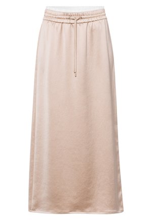Helle rosa Midi-Rock aus weichem Stoff, mit einem elastischen Bund und einem Kordelzug sowie einer glatten Oberfläche.