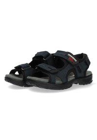 Sandali blu scuro realizzati in materiale sintetico, con cinturini regolabili, plantari imbottiti e suola in gomma testurizzata per una migliore aderenza.