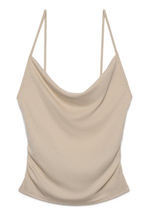 Top beige senza maniche con sottili spalline a spaghetti e scollo a cappuccio drappeggiato, realizzato in tessuto leggermente strutturato.