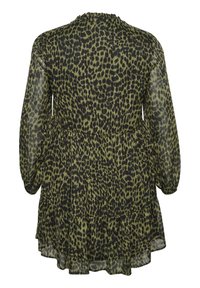 Langsleeve blouse van transparant groene stof met een zwart luipaardprint, voorzien van een gerimpelde zoom en elastische manchetten.