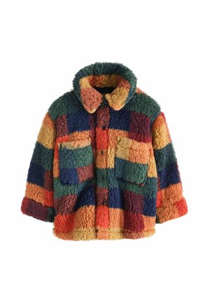 Colorful patchwork fleece jacket with large front pockets and a wide collar, featuring blocks of green, orange, blue, yellow, and red.