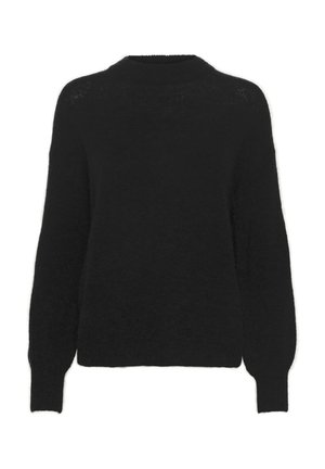 Schwarzer Pullover mit langen Ärmeln, leicht übergroßer Passform, geripptem Halsausschnitt und Bündchen; aus weichem, strukturiertem Material gefertigt.