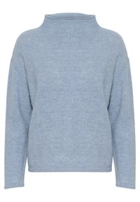 Světlomodrý pletený svetr s vysokým límcem, spadenými rameny a dlouhými rukávy. Měkká textura a uvolněný střih. Jednoduchý design bez vzorů.