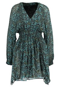 Abito stampato verde e nero con maniche lunghe, scollo a V, vita smock, tessuto leggero e trasparente, caratterizzato da motivi astratti.