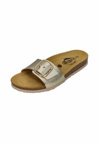 Gold metallic slide sandal with a wide strap featuring a silver buckle, a brown cushioned insole, and a textured footbed.