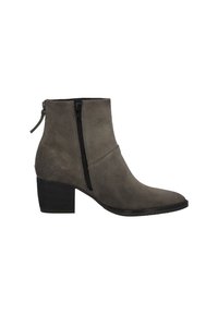 Stivali ankle in suede grigi con punta affusolata, zip laterale e tacco blocco basso. Texture liscia con design minimalista.