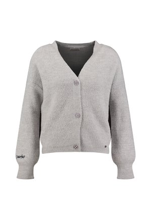 Chaqueta de punto acanalado gris claro con escote en V, tres botones delanteros, mangas largas abullonadas y pequeño bordado de texto negro en el puño izquierdo.