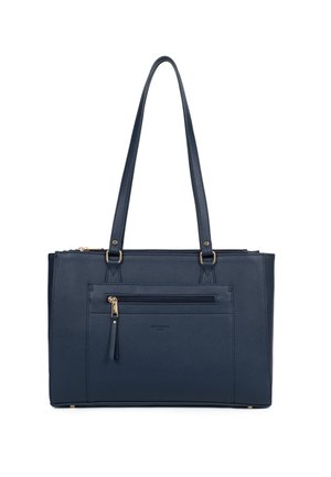 Donkerblauwe leren totebag met lange riemen, een voorzak met rits en gouden ritssluitingen op een witte achtergrond.