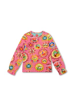 Lange mouwen roze sweatshirt met een levendig patroon van dieren en bloemmotieven. Zachte stof met een gathered manchetten en een ronde halslijn.