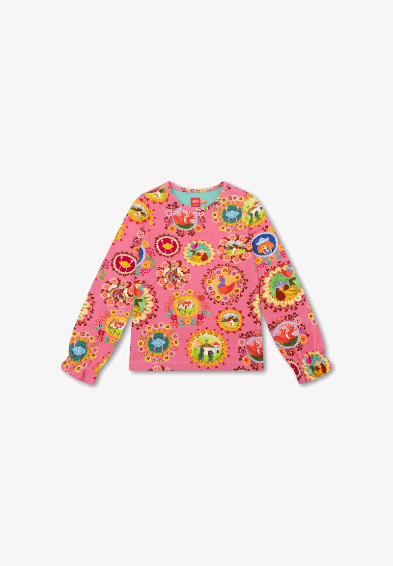 Lange mouwen roze sweatshirt met een levendig patroon van dieren en bloemmotieven. Zachte stof met een gathered manchetten en een ronde halslijn.