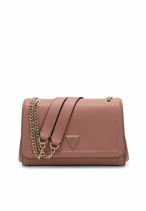 Pink textured leather shoulder bag with gold chain strap and triangular Guess logo on front flap closure.