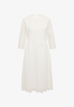 Weißes Baumwollkleid mit V-Ausschnitt, Dreiviertelärmeln, ausgeschnittenen Häkelmustern, Taillennaht und knielanger A-Linien-Silhouette.