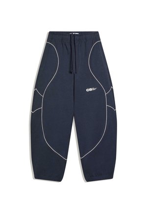 Marineblaue, konisch zulaufende Jogginghosen mit weißer, geschwungener Paspel, elastischem Bund mit Kordelzug und kleinem weißem "CS"-Logo am linken Oberschenkel.