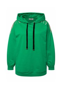 Felpa verde realizzata in tessuto morbido, con cappuccio regolabile, maniche lunghe e decorazioni con perline sulle spalle.