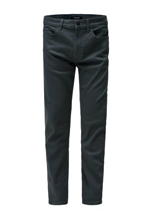 Jeans de mezclilla negra con un corte recto, diseño de cinco bolsillos y una superficie texturizada sutil. Cuenta con un cierre de botón y cremallera.