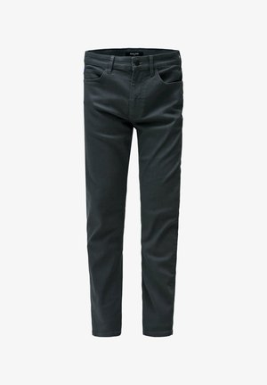 Jeans in denim nero con una vestibilità dritta, design a cinque tasche e superficie leggermente texturizzata. Presenta una chiusura con bottone e zip.