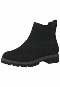Stivale chelsea in suede nero con pannelli elastici laterali, accenti neri testurizzati e suola in gomma robusta. Presenta una linguetta sul retro.