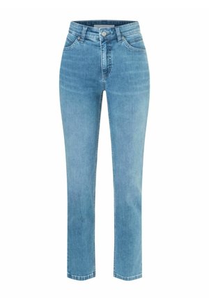 Hellblaue, gerade geschnittene Denim-Jeans mit Knopf- und Reißverschluss, vorderen und hinteren Taschen sowie Gürtelschlaufen.