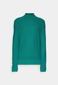 Pull tricoté à manches longues de couleur sarcelle avec col montant côtelé, poignets et ourlet, arborant un petit logo "BOSS" sur le côté gauche de la poitrine.