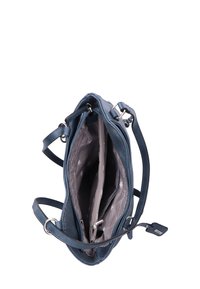 Sac à main en cuir bleu avec deux compartiments, une fermeture éclair et un extérieur texturé. L'intérieur présente une doublure à motif et une bandoulière réglable.