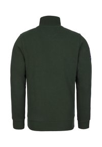 Dark green sweatshirt with a high collar, ribbed cuffs, and hem, featuring a smooth texture and a small logo on the left sleeve.
