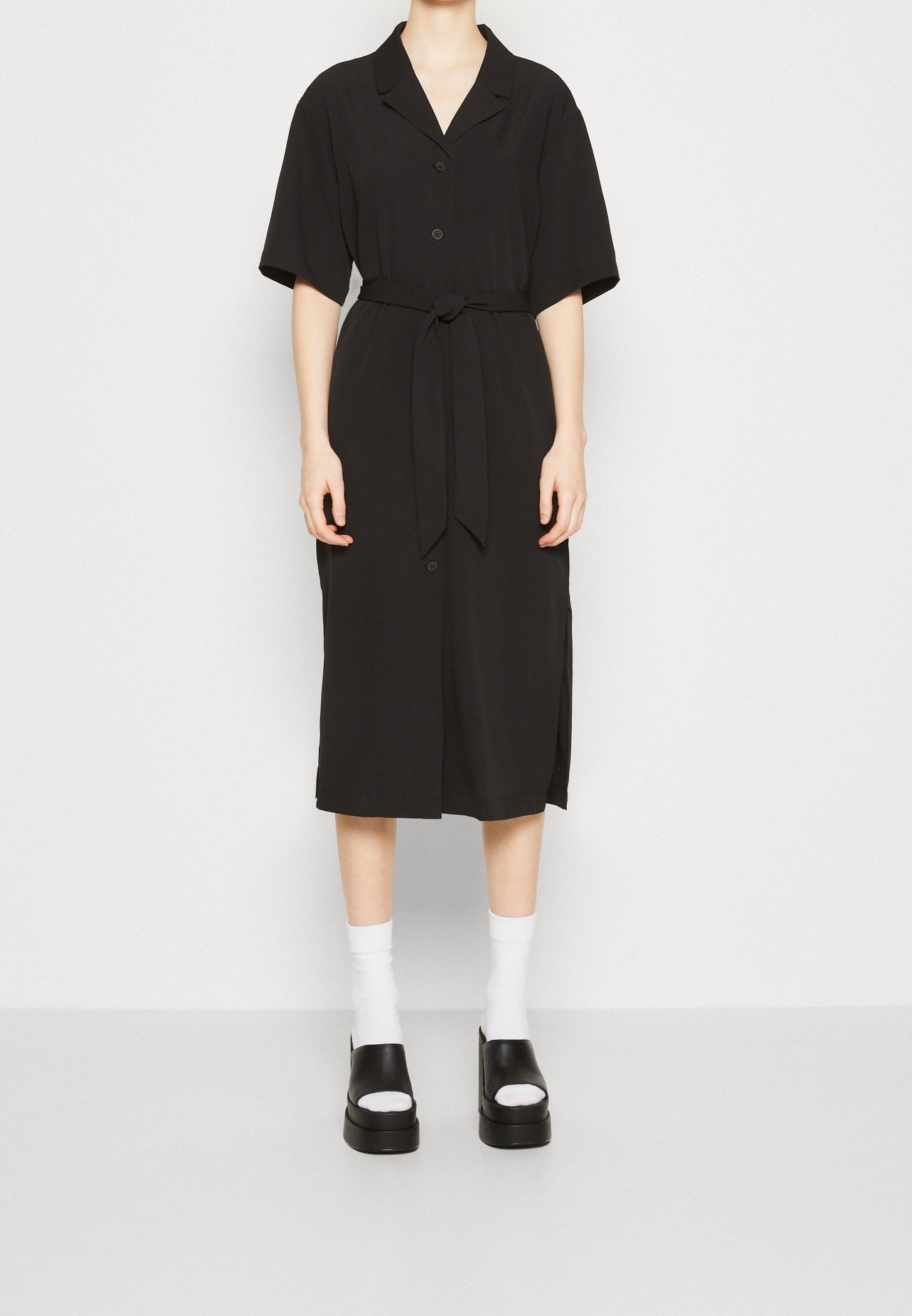 monki button up shirt dress Monki long sleeve crinkle satin shirt dress with floaty skirt in black