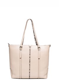Beżowa torba typu tote z dwoma paskami na ramię, z pionowym wzorzystym wstawką i zamkiem błyskawicznym. Gładka tekstura i usztywniony kształt.