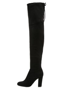 Bota de mujer de ante negra por encima de la rodilla, con tacón cuadrado de 3.5 pulgadas y cierre de cordón en la parte superior para un ajuste ajustable.