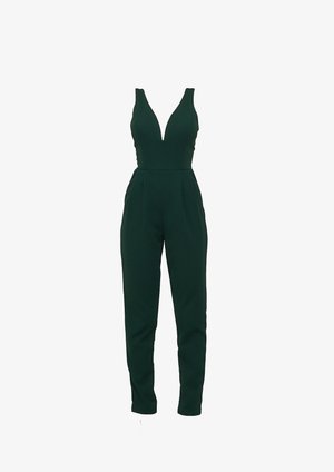 Zöld overall mély V-nyakkivágással, ujjatlan kialakítással, testre szabott szabással és szűkített szárakkal. Sima, rugalmas anyagból készült.