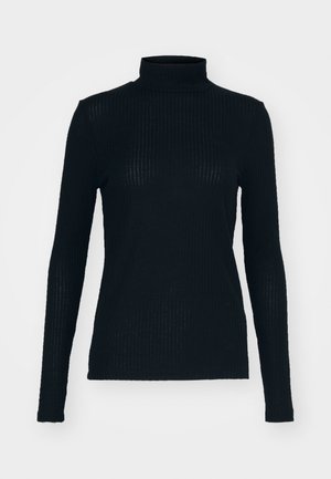 Svart, langermet turtleneck-top laget av ribbestrikket stoff, med en tettsittende design og høy hals. Glatt tekstur med subtil glans.