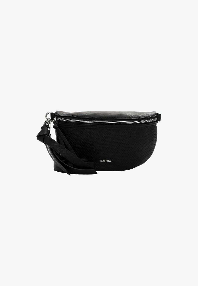 Marsupio nero con cerniera, superficie testurizzata, cinturino regolabile e dettagli in metallo argentato. Presenta un design minimalista e un dettagli del logo.