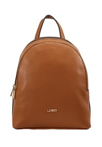 Sac en cuir texturé marron avec fermeture éclair dorée et petit logo doré à l'avant, doté d'une poignée de transport sur le dessus.