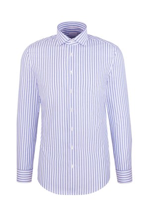 Camicia con bottoni davanti a righe azzurro chiaro e bianche. Maniche lunghe con polsini a righe a contrasto. Realizzata in tessuto dalla trama liscia.