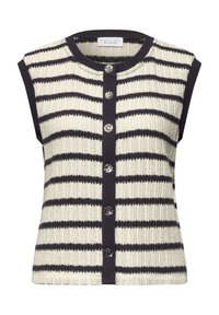 Gilet sans manches tricoté à rayures horizontales noires et blanches, bordure noire et sept boutons argentés texturés sur le devant.