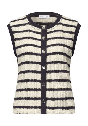Bezrukávová pletená vesta s horizontálními černobílými pruhy, černým lemem a sedmi stříbrnými texturovanými knoflíky na přední straně.