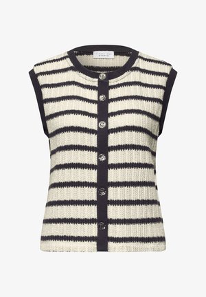 Mouwloze gebreide vest met horizontale zwart-witte strepen, zwarte rand en zeven zilveren gestructureerde knopen aan de voorkant.