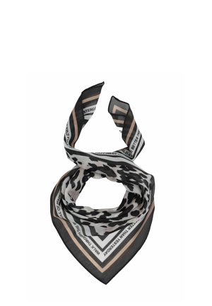 Schwarz-weiß-beiger Leopardenmuster-Schal mit geometrischem Rand und teilweisem Text, locker zu einem Dreieck gefaltet.