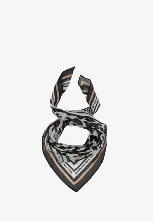Black, white, and beige leopard print scarf with geometric border and partial text, folded in a loose triangular shape.