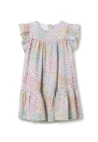 Blumenkleid aus leichtem Baumwollstoff mit Rundhalsausschnitt, kurzen rüschierten Ärmeln und gerafften Lagen in pink, grün und gelb.