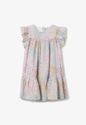 Robe à fleurs en coton léger avec un col rond, des manches courtes à volants et des niveaux froncés dans des motifs roses, verts et jaunes.