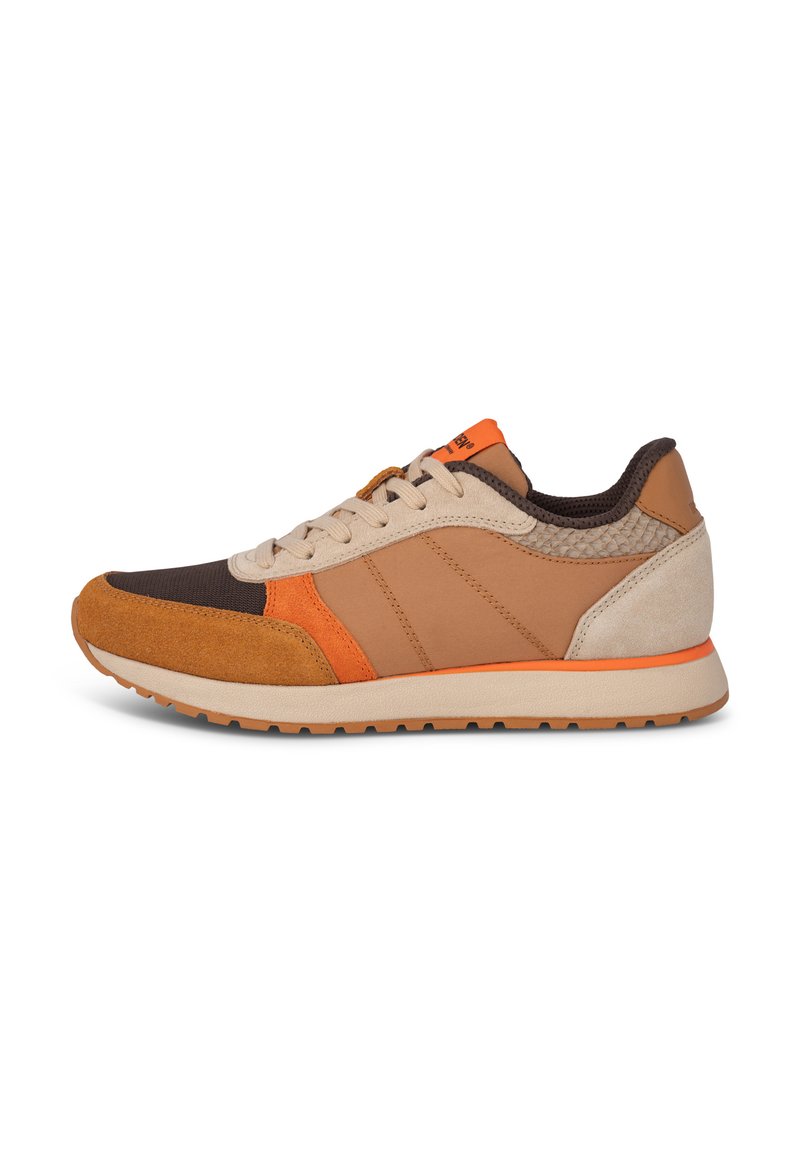 Beige and brown sneaker featuring a mix of materials, including suede and mesh, with orange accents and a textured heel. Rubber outsole.