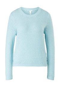 Pull tricoté bleu clair avec col rond, manches longues, tissu texturé, et poignets et ourlet côtelés. Fentes latérales pour une meilleure liberté de mouvement.