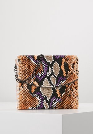 Small rectangular handbag with brown, purple, and black snakeskin pattern and black metal chain strap.