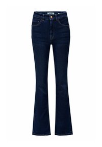 Jeans de campana de color azul oscuro en denim resistente, con cintura alta, cinco bolsillos y detalles de botones dorados en la parte frontal.
