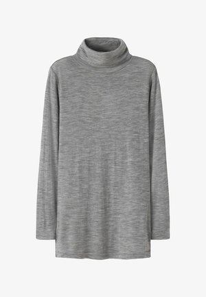 Grijze langlopende turtleneck top gemaakt van gestructureerde, lichte stof met een zachte, lichte glans en een comfortabele pasvorm. Geen zichtbare naden.