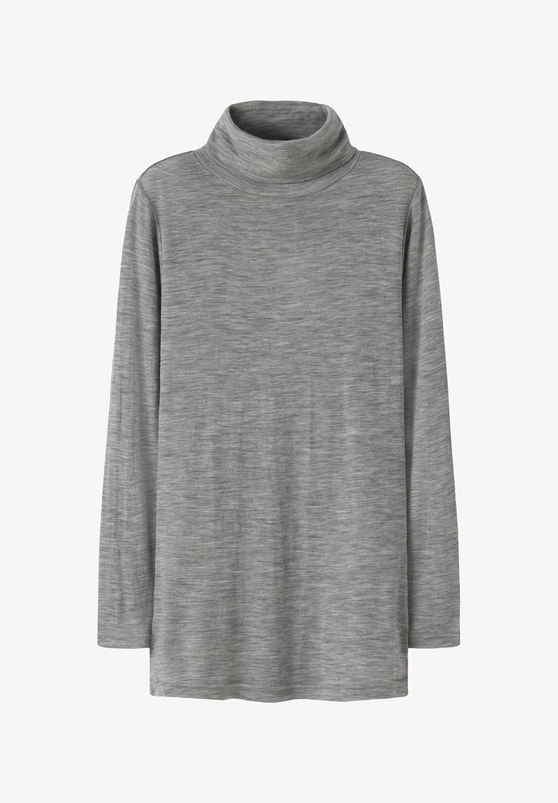 Hallharjane pikkade varrukatega turtleneck-särk, mis on valmistatud tekstuurilisest, kergest kangast, millel on pehme ja vähene sära ning lõdva disainiga. Nähtavaid õmblusi pole.