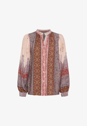 Langærmet mønstret bluse med knapper foran, der har detaljerede designs i lyserød, rød, grå og brun samt en ståkrave.